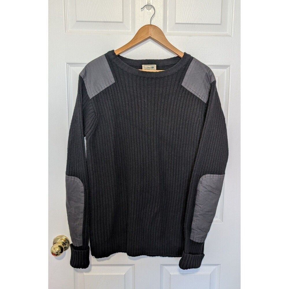 LL Bean Sweater Mens Large Black Commando Merino Wool Ribbed Knit Elbow Patches